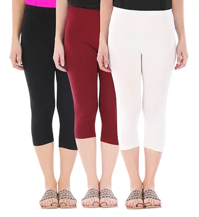 Elegant Cotton Blend Solid Skinny Fit 3/4 Capris Leggings For Women (Pack of 3)