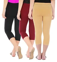 Women's Skinny Fit 3/4 Capris Leggings Combo Pack Of 3 Black Maroon Dark Skin-thumb2