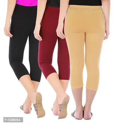 Women's Skinny Fit 3/4 Capris Leggings Combo Pack Of 3 Black Maroon Dark Skin-thumb3