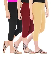 Women's Skinny Fit 3/4 Capris Leggings Combo Pack Of 3 Black Maroon Dark Skin-thumb1
