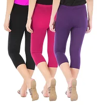 Women's Skinny Fit 3/4 Capris Leggings Combo Pack Of 3 Black Rani Pink Purple-thumb2