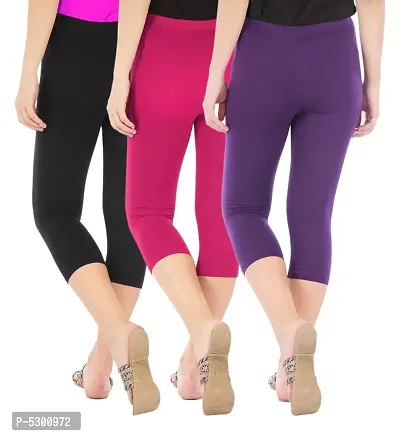 Women's Skinny Fit 3/4 Capris Leggings Combo Pack Of 3 Black Rani Pink Purple-thumb3
