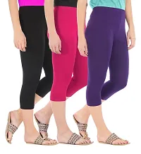 Women's Skinny Fit 3/4 Capris Leggings Combo Pack Of 3 Black Rani Pink Purple-thumb1
