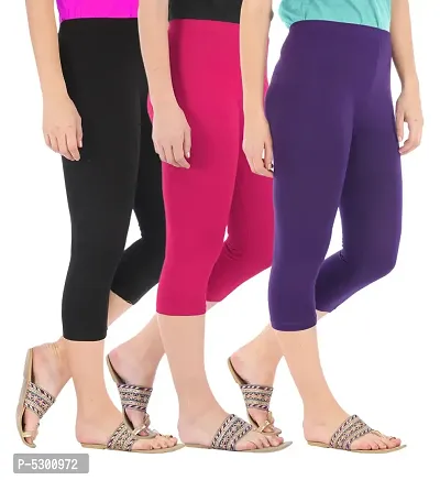 Women's Skinny Fit 3/4 Capris Leggings Combo Pack Of 3 Black Rani Pink Purple-thumb2