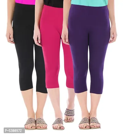Women's Skinny Fit 3/4 Capris Leggings Combo Pack Of 3 Black Rani Pink Purple