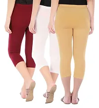 Women's Skinny Fit 3/4 Capris Leggings Combo Pack Of 3 Maroon White Dark Skin-thumb2