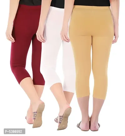 Women's Skinny Fit 3/4 Capris Leggings Combo Pack Of 3 Maroon White Dark Skin-thumb3