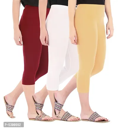 Women's Skinny Fit 3/4 Capris Leggings Combo Pack Of 3 Maroon White Dark Skin-thumb2