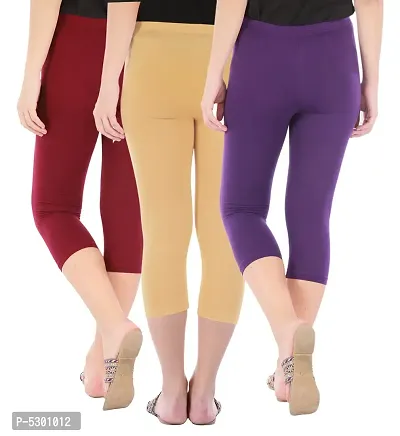 Women's Skinny Fit 3/4 Capris Leggings Combo Pack Of 3 Maroon Dark Skin Purple-thumb3