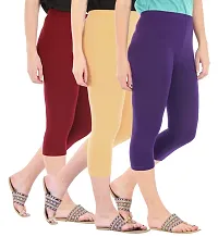 Women's Skinny Fit 3/4 Capris Leggings Combo Pack Of 3 Maroon Dark Skin Purple-thumb1