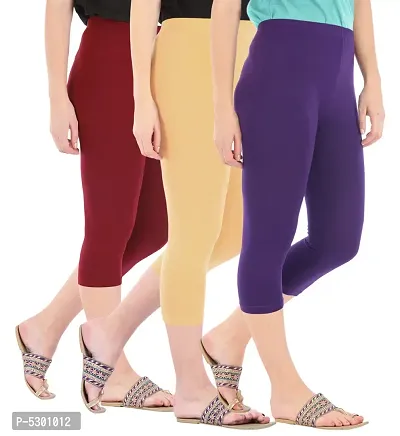 Women's Skinny Fit 3/4 Capris Leggings Combo Pack Of 3 Maroon Dark Skin Purple-thumb2