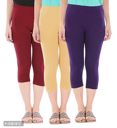 Women's Skinny Fit 3/4 Capris Leggings Combo Pack Of 3 Maroon Dark Skin Purple-thumb0