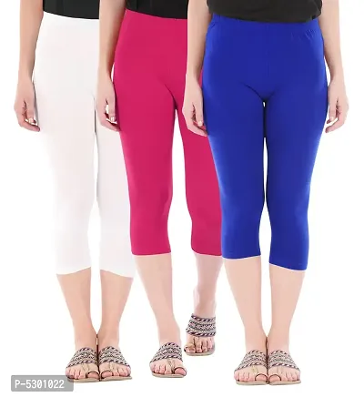 Women's Skinny Fit 3/4 Capris Leggings Combo Pack Of 3 White Rani Pink Royal Blue