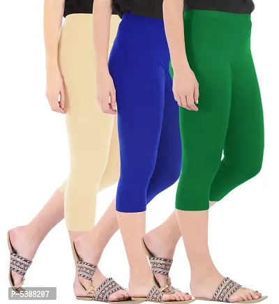 Combo Pack of 3 Skinny Fit 3/4 Capris Leggings for Women  Light Skin Royal Blue  Jade Green-thumb2