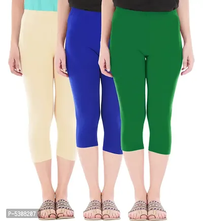Combo Pack of 3 Skinny Fit 3/4 Capris Leggings for Women  Light Skin Royal Blue  Jade Green