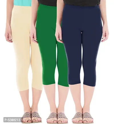 Combo Pack of 3 Skinny Fit 3/4 Capris Leggings for Women  Light Skin  Jade Green  Navy