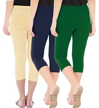 Combo Pack of 3 Skinny Fit 3/4 Capris Leggings for Women  Light Skin  Navy  Bottle Green-thumb2