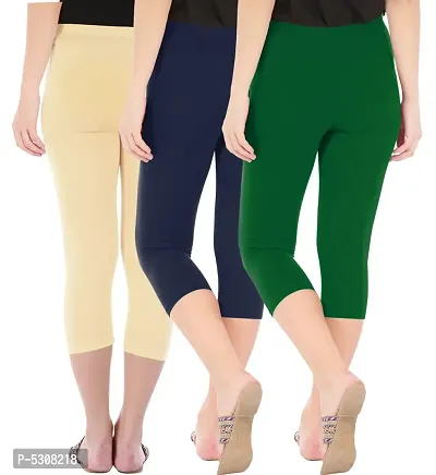 Combo Pack of 3 Skinny Fit 3/4 Capris Leggings for Women  Light Skin  Navy  Bottle Green-thumb3