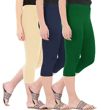 Combo Pack of 3 Skinny Fit 3/4 Capris Leggings for Women  Light Skin  Navy  Bottle Green-thumb1