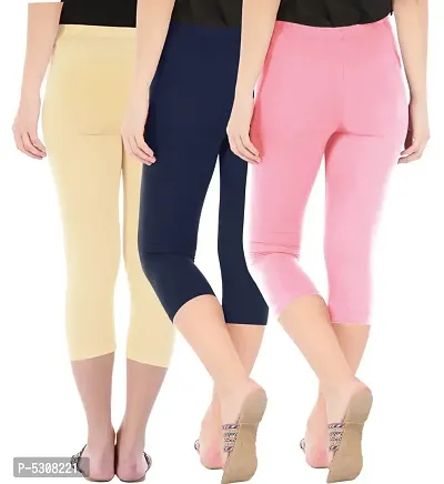 Combo Pack of 3 Skinny Fit 3/4 Capris Leggings for Women  Light Skin  Navy  Baby Pink-thumb3