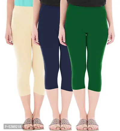 Combo Pack of 3 Skinny Fit 3/4 Capris Leggings for Women  Light Skin  Navy  Bottle Green
