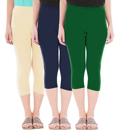 Skinny Fit Cotton Blend Solid 3/4 Capris Leggings for Women (Pack of 3)