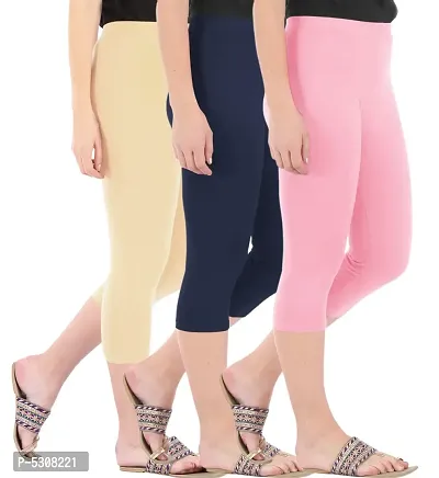 Combo Pack of 3 Skinny Fit 3/4 Capris Leggings for Women  Light Skin  Navy  Baby Pink-thumb2