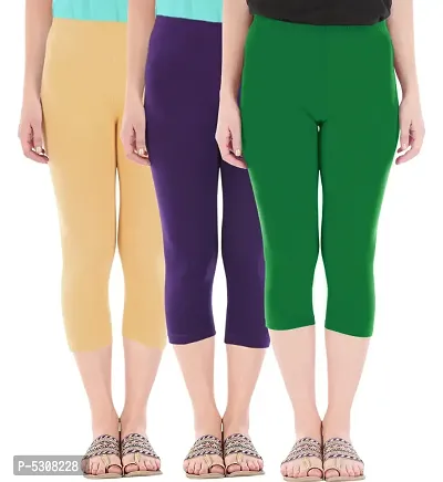 Combo Pack of 3 Skinny Fit 3/4 Capris Leggings for Women  Dark Skin Purple  Jade Green