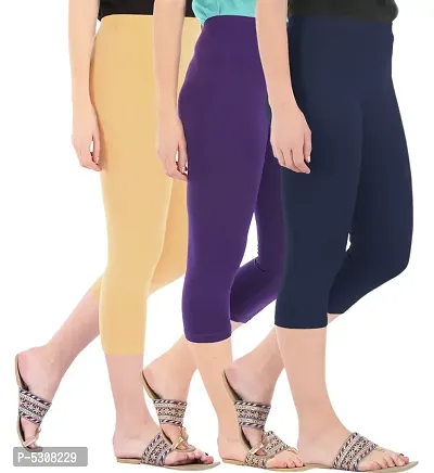 Combo Pack of 3 Skinny Fit 3/4 Capris Leggings for Women  Dark Skin Purple  Navy-thumb2