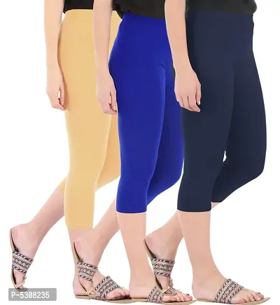 Combo Pack of 3 Skinny Fit 3/4 Capris Leggings for Women  Dark Skin Royal Blue  Navy-thumb2