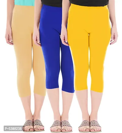 Combo Pack of 3 Skinny Fit 3/4 Capris Leggings for Women  Dark Skin Royal Blue  Golden Yellow