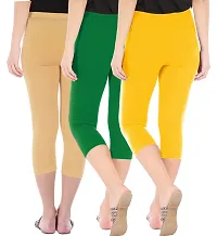Combo Pack of 3 Skinny Fit 3/4 Capris Leggings for Women  Dark Skin  Jade Green  Golden Yellow-thumb2