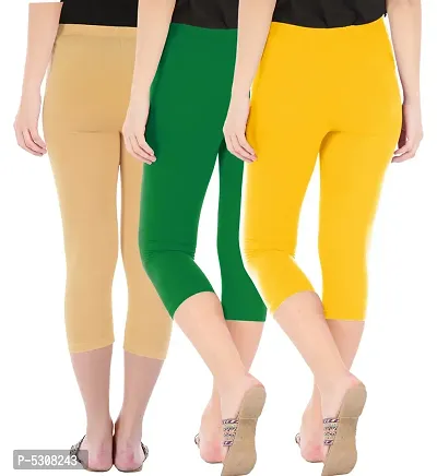 Combo Pack of 3 Skinny Fit 3/4 Capris Leggings for Women  Dark Skin  Jade Green  Golden Yellow-thumb3