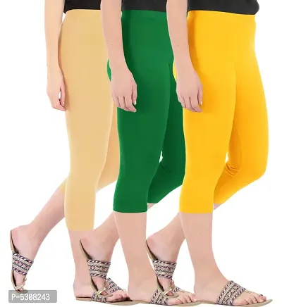 Combo Pack of 3 Skinny Fit 3/4 Capris Leggings for Women  Dark Skin  Jade Green  Golden Yellow-thumb2