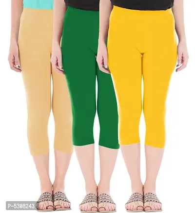 Combo Pack of 3 Skinny Fit 3/4 Capris Leggings for Women  Dark Skin  Jade Green  Golden Yellow