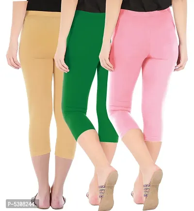 Combo Pack of 3 Skinny Fit 3/4 Capris Leggings for Women  Dark Skin  Jade Green  Baby Pink-thumb3