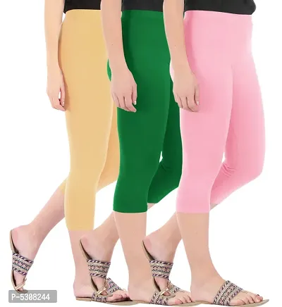 Combo Pack of 3 Skinny Fit 3/4 Capris Leggings for Women  Dark Skin  Jade Green  Baby Pink-thumb2