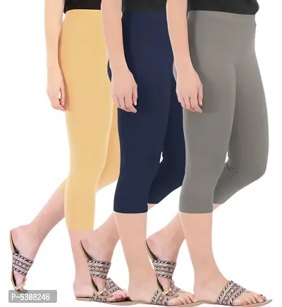 Combo Pack of 3 Skinny Fit 3/4 Capris Leggings for Women  Dark Skin  Navy  Ash-thumb2