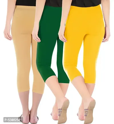 Combo Pack of 3 Skinny Fit 3/4 Capris Leggings for Women  Dark Skin  Bottle Green  Golden Yellow-thumb3