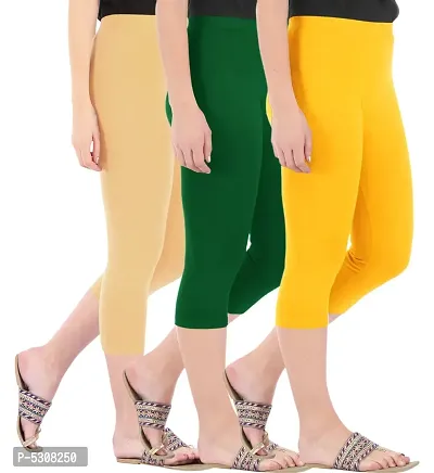 Combo Pack of 3 Skinny Fit 3/4 Capris Leggings for Women  Dark Skin  Bottle Green  Golden Yellow-thumb2