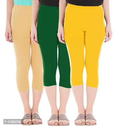 Combo Pack of 3 Skinny Fit 3/4 Capris Leggings for Women  Dark Skin  Bottle Green  Golden Yellow