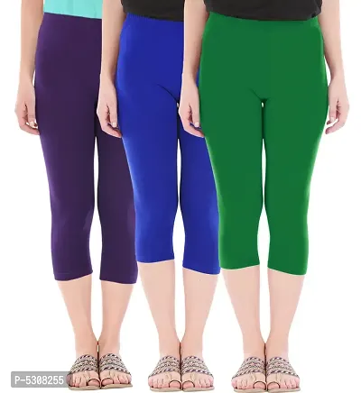 Combo Pack of 3 Skinny Fit 3/4 Capris Leggings for Women  Purple Royal Blue  Jade Green