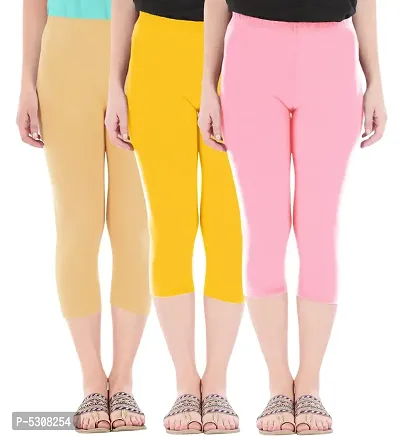 Combo Pack of 3 Skinny Fit 3/4 Capris Leggings for Women  Dark Skin  Golden Yellow  Baby Pink