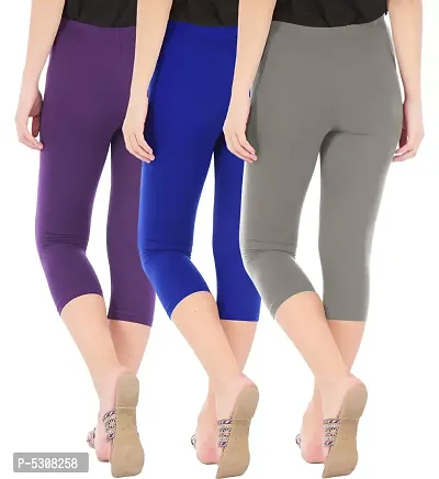 Combo Pack of 3 Skinny Fit 3/4 Capris Leggings for Women  Purple Royal Blue  Ash-thumb3