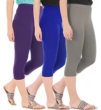 Combo Pack of 3 Skinny Fit 3/4 Capris Leggings for Women  Purple Royal Blue  Ash-thumb1