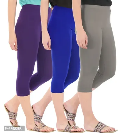 Combo Pack of 3 Skinny Fit 3/4 Capris Leggings for Women  Purple Royal Blue  Ash-thumb2