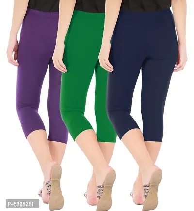 Combo Pack of 3 Skinny Fit 3/4 Capris Leggings for Women  Purple  Jade Green  Navy-thumb3