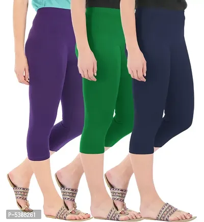 Combo Pack of 3 Skinny Fit 3/4 Capris Leggings for Women  Purple  Jade Green  Navy-thumb2