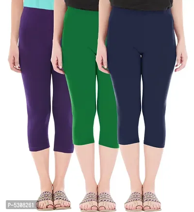 Combo Pack of 3 Skinny Fit 3/4 Capris Leggings for Women  Purple  Jade Green  Navy
