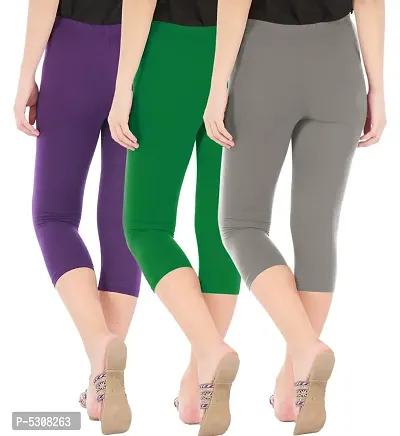 Combo Pack of 3 Skinny Fit 3/4 Capris Leggings for Women  Purple  Jade Green  Ash-thumb3